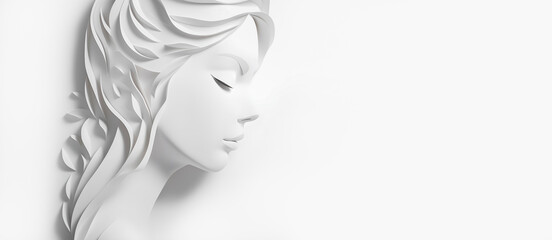 Paper art pretty women face on white background, free space, super sharp. AI generated