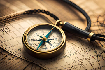 Fototapeta na wymiar Vintage compass isolated on old map
