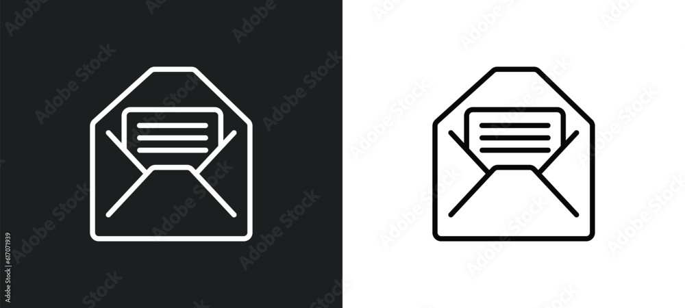 Poster envelope with message line icon in white and black colors. envelope with message flat vector icon fr