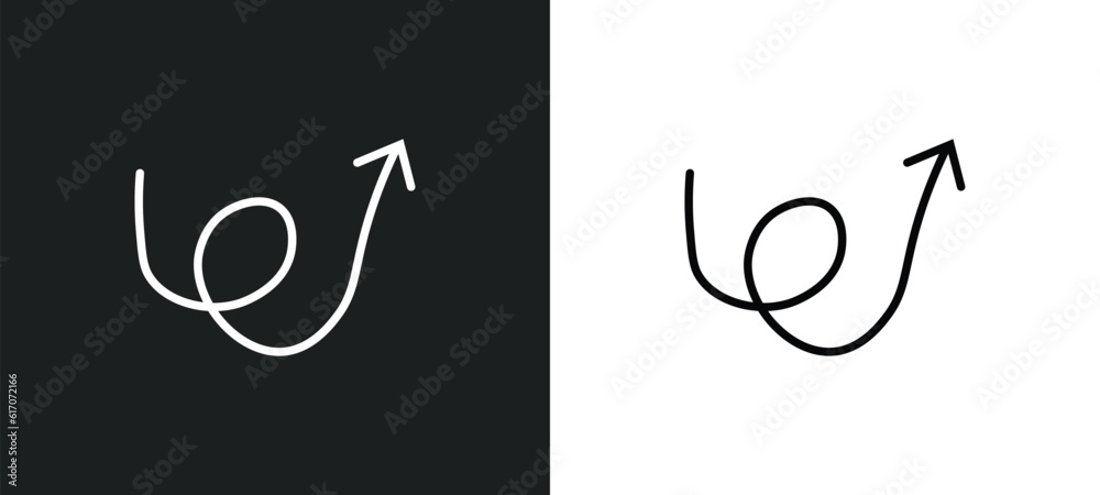 Poster swirly scribbled arrow line icon in white and black colors. swirly scribbled arrow flat vector icon 