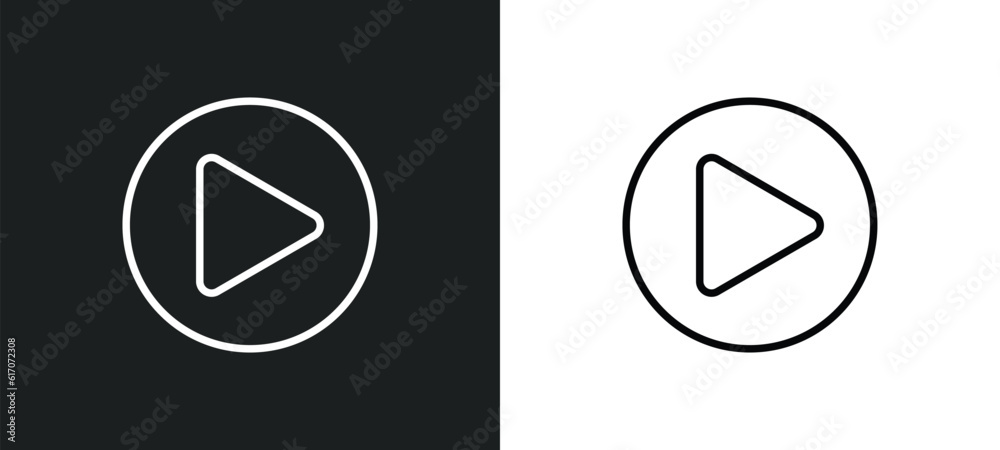 Poster right arrow play button line icon in white and black colors. right arrow play button flat vector ico