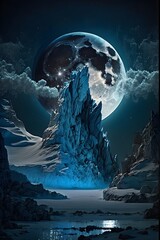 Mountain of sapphire and ice full moon in background 