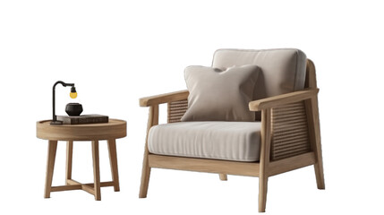 Fototapeta premium Wood armchair and side table, set of decor items furniture isolated on transparent or white background