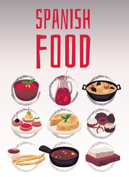 Vector set cartoon illustration of National spanish cuisine. Paella, Panellets, Sangria, Prosciutto hamlog and others are traditional spanish food