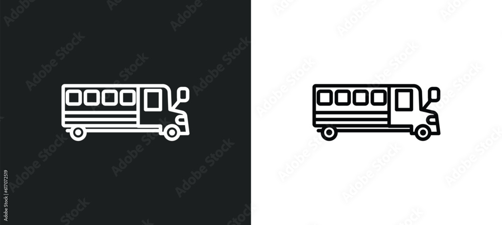 Poster school bus empty line icon in white and black colors. school bus empty flat vector icon from school 