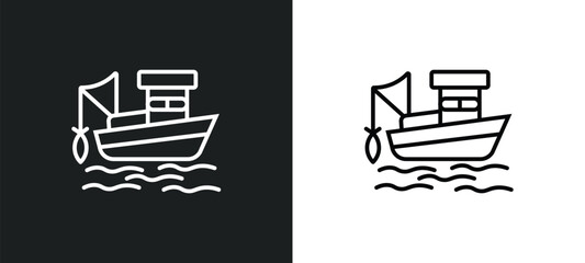 fishing boat line icon in white and black colors. fishing boat flat vector icon from fishing boat collection for web, mobile apps and ui.