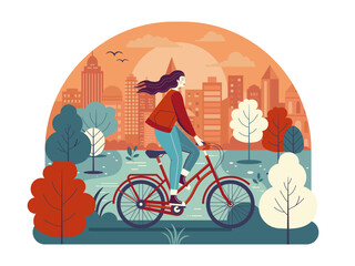 Young Woman on Bicycle at City Park by Sunset