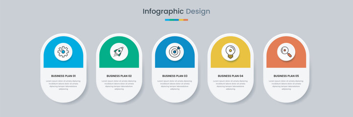 Business infographic design template with icons and 5 options or steps. Can be used for workflow, presentation, etc. Vector illustration