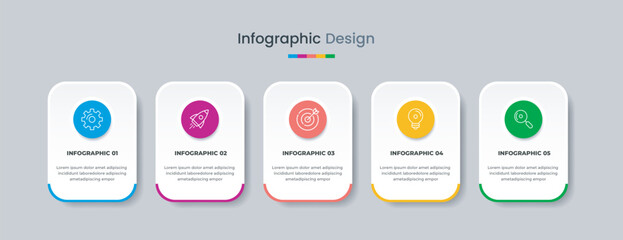 Business infographic design template with icons and 5 options or steps. Can be used for workflow, presentation, etc. Vector illustration - obrazy, fototapety, plakaty
