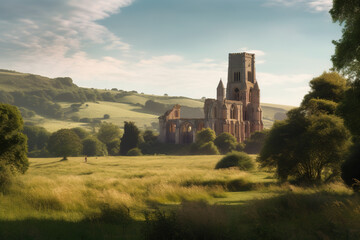 The abbey ruin of Glastonbury on a low hill in a windswept green landscape with a distant forest and far distant mountains. Generative AI. - obrazy, fototapety, plakaty
