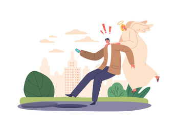Angelic Guardian Character Descends To Save A Man From A Fatal Fall Into A Dark Hatch, Cartoon Vector Illustration