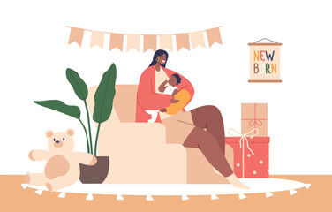 Tender Moment At Home As A Black Mother Character Cradles Her Precious Newborn, Creating A Loving, Vector Illustration