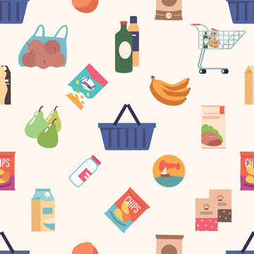 Vibrant Seamless Pattern Showcasing A Variety Of Supermarket Food Products, Including Fruits, Vegetables, Dairy Items