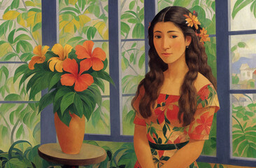 Decorative painting illustration with hawaiian woman in a floral dress, with a hawaiian hibiscus flower in her hair, sitting near the window to the garden. Generative AI