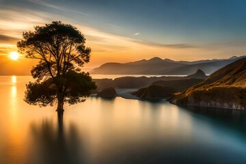 sunset over the lake by AI generating