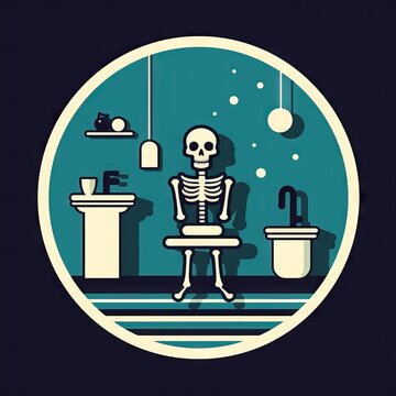 A creative icon depicting a bathroom area with a skeleton design, symbolizing hygiene with a quirky twist. Generative AI.