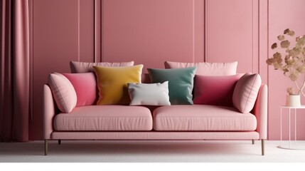 Pink sofa with various colours pillows. 3d rendering