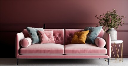 Pink sofa with various colours pillows. 3d rendering