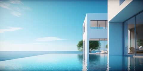 Fototapeta na wymiar Sea view.Modern architecture with swimming pool and blue sky.Concept for vacation home or hotel.3d rendering