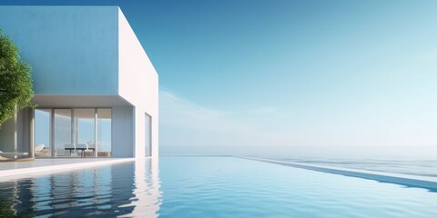 Sea view.Modern architecture with swimming pool and blue sky.Concept for vacation home or hotel.3d rendering