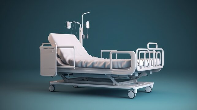 Side view of hospital bed isolated on blue background.Concept for insurance.3d rendering
