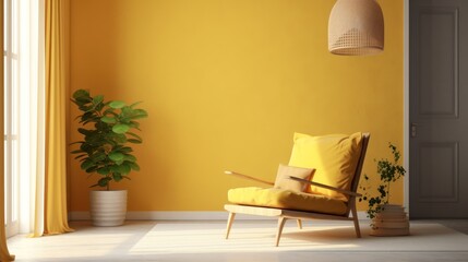 Yellow living room interior with armchair,lamp and plant.3d rendering