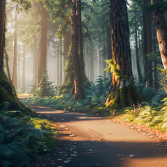 Pathway in the forest with fog and sunlight. Beautiful landscape.