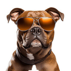 Bull terrier dog wearing sunglasses isolated on transparent background, Generative AI