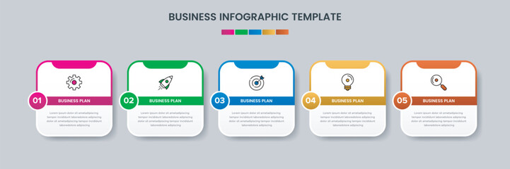 Business infographic design template with icons and 5 options or steps. Can be used for workflow, presentation, etc. Vector illustration