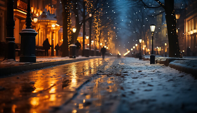 In the style of cinematic, a winter city scene under soft snowfall at dusk. 