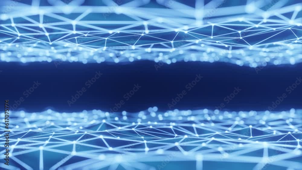 Poster abstract digital plexus style loopable animation. futuristic digital blue particles wave background.