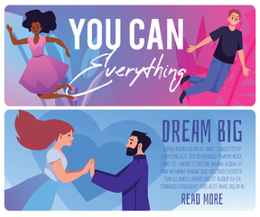 Set of website banner templates with flying people flat style
