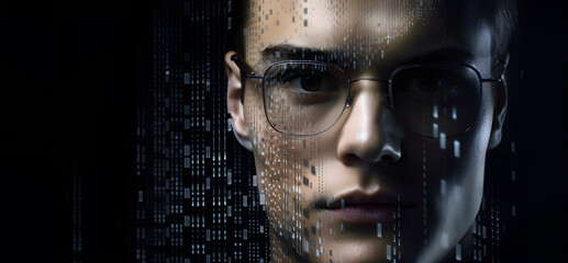 Realistic looking young man face with glasses made from binary code, on black background, free copy space, AI generated