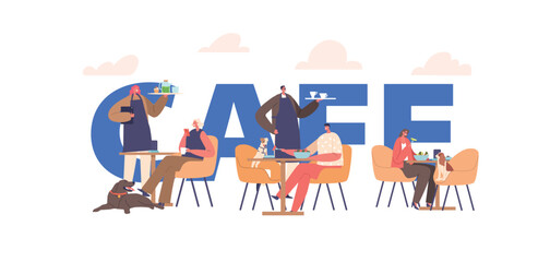 Cafe With People Enjoying Time With Their Beloved Pets in Lively Atmosphere. Characters With Furry Companions