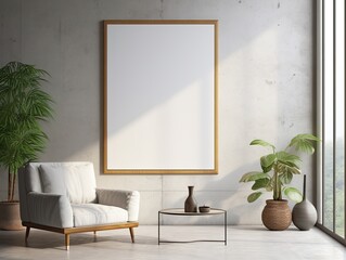 Mock up poster frame in minimalist living room interior background, cement wall,3D render