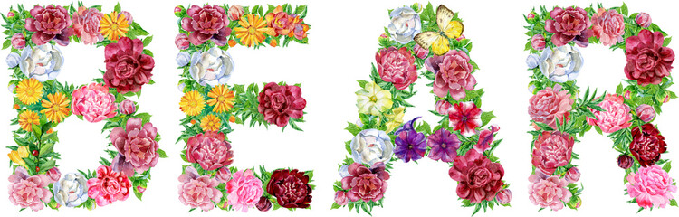 Word BEAR of watercolor flowers for decoration