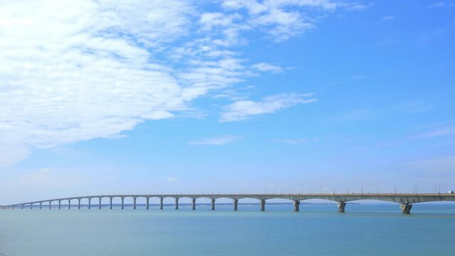 Ile de R&eacute; bridge seen from La Rochelle shore on a sunny day in Charente-Maritime, France