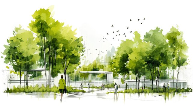 Sustainable urban design project. Green architectural practices aimed at creating eco friendly urban spaces that foster community well being and environmental health. Generative AI
