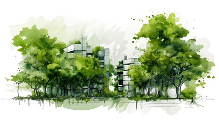 Sustainable urban design project. Green architectural practices aimed at creating eco friendly urban spaces that foster community well being and environmental health. Generative AI