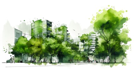 Sustainable urban design project. Green architectural practices aimed at creating eco friendly urban spaces that foster community well being and environmental health. Generative AI