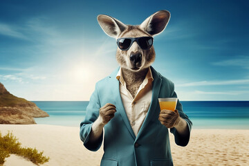 Strandvergnügen: Ein entspanntes Känguru mit einem kühlen Getränk am Stran - obrazy, fototapety, plakaty