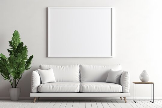 Mock up poster frame in minimalist living room interior background, cement wall,3D render