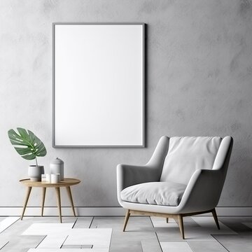 Mock up poster frame in minimalist living room interior background, cement wall,3D render