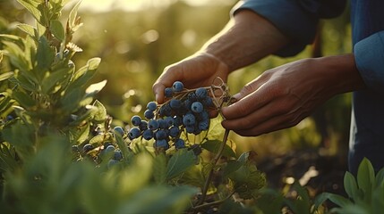 picking fresh blueberries on a plantation at sunset