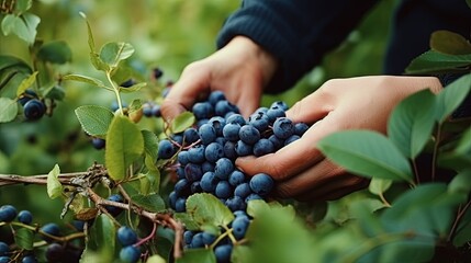 picking fresh blueberries on a plantation at sunset