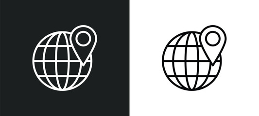 globe with pointer line icon in white and black colors. globe with pointer flat vector icon from globe with pointer collection for web, mobile apps and ui.