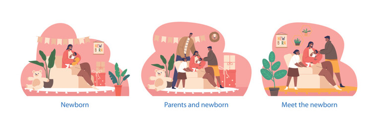 Isolated Elements With Black Family Characters Gather At Home To Meet Arrival Of A Newborn, Cartoon Vector Illustration