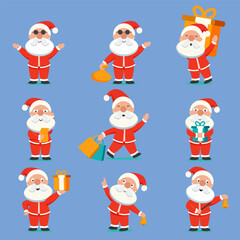 Santa Claus characters in various poses and scenes. Merry Christmas cutout element