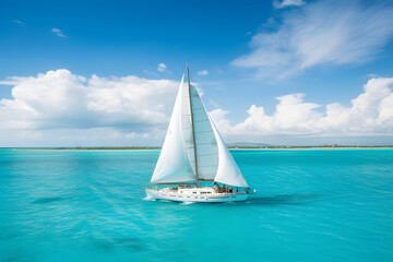 Fototapeta premium Luxury Sailing Boat in Clear Tropical Sea - Generative AI