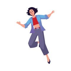 Vector isolated illustration of girl makes a jump, flies, happy energetic woman in action, moving with joy, free flight dreams